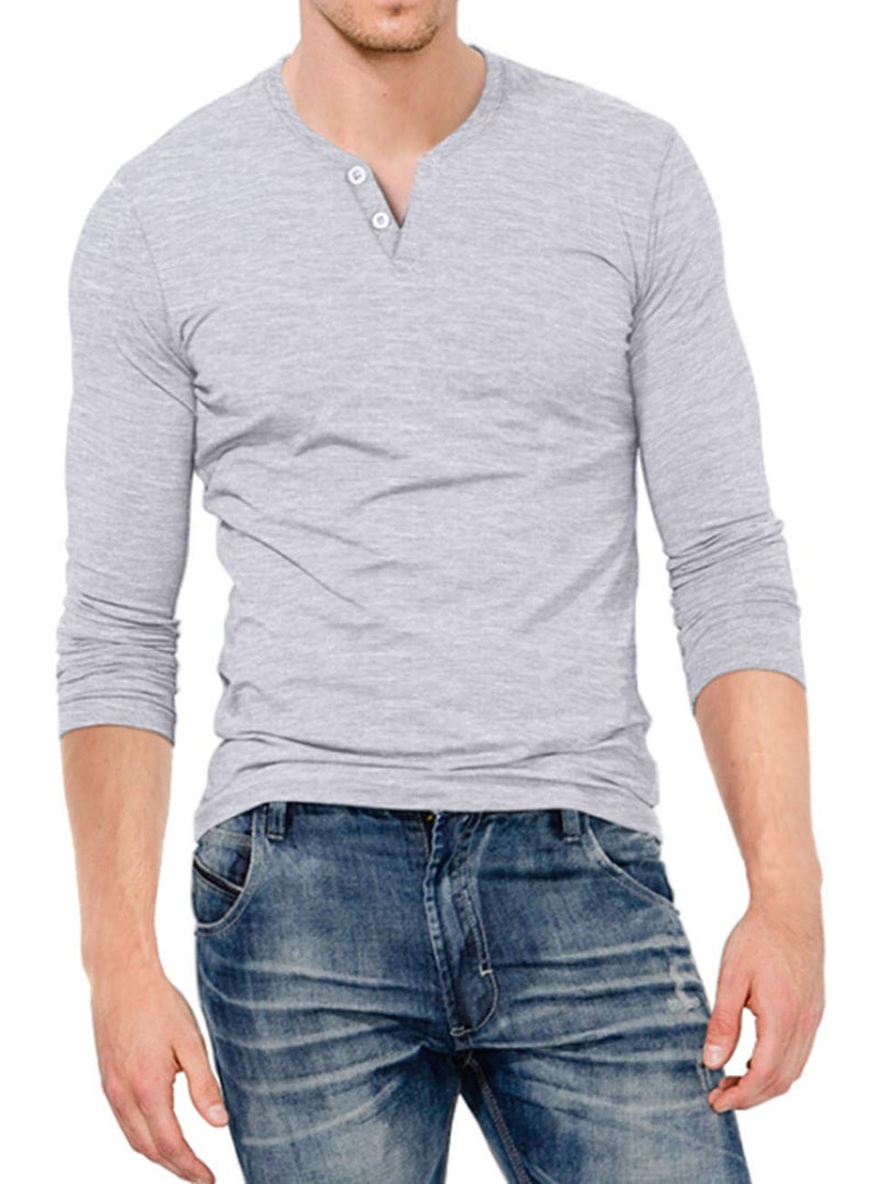 KUYIGO Mens Casual Long Sleeve Henleys Slim Fit T-Shirt V Neck Shirts Tops with Button Grey Medium - Image 1